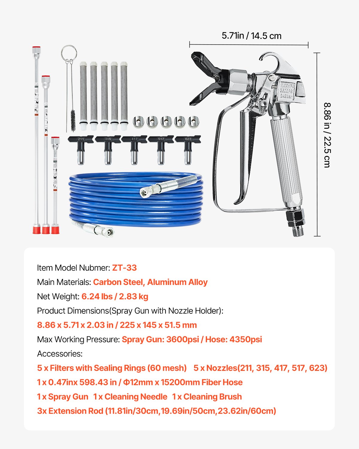 Airless Paint Spray Gun and Hose Kit, 3600PSI High Pressure Paint Sprayer Hose Set with 5 Tips, 211, 315, 417, 517, 623, Swivel Joint Airless Spray Gun Kit with Filters, Hose and Extension Rods