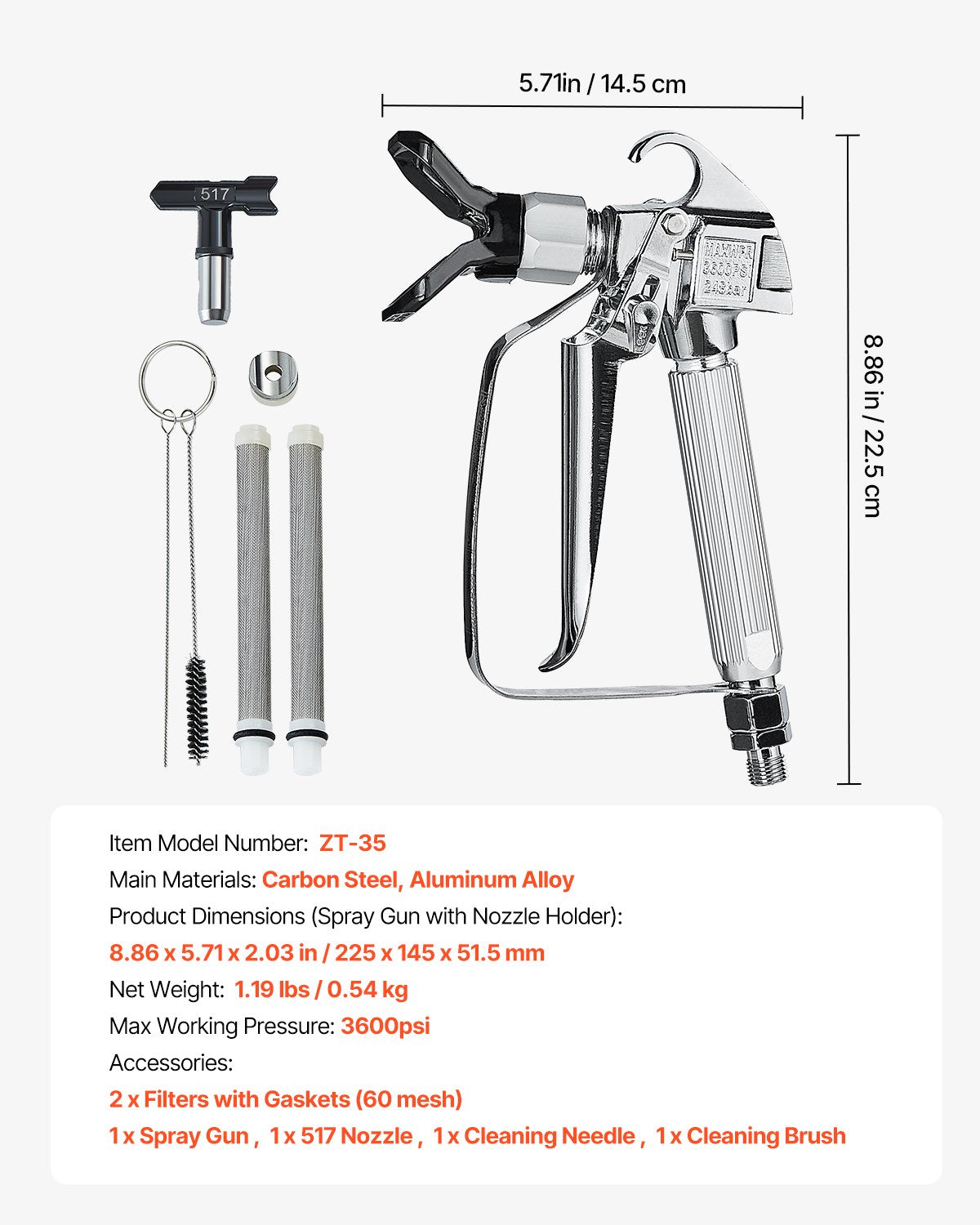 Airless Paint Spray Gun, 3600PSI High Pressure Airless Paint Sprayer Gun with 517 Tip, Swivel Joint Airless Spray Gun Kit with Filters, Cleaning Needle and Brush, for Airless Spraying Machine