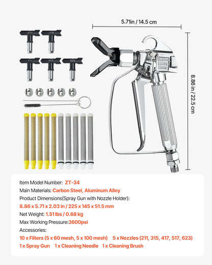 Airless Paint Spray Gun, 3600PSI High Pressure Airless Paint Sprayer Gun with 5 Tips, 211, 315, 417, 517, 623, Swivel Joint Airless Spray Gun Kit with Filters, Cleaning Needle and Brush