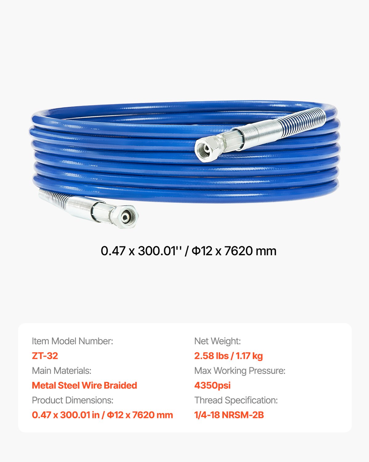 25ft Airless Paint Sprayer Hose, 1/4 in Universal Airless Paint Spray Hose, 4350 PSI High Pressure Flexible Airless Sprayer Hose, Multi-Layer Reinforced Steel Wire Braid Hose for Paint Sprayer
