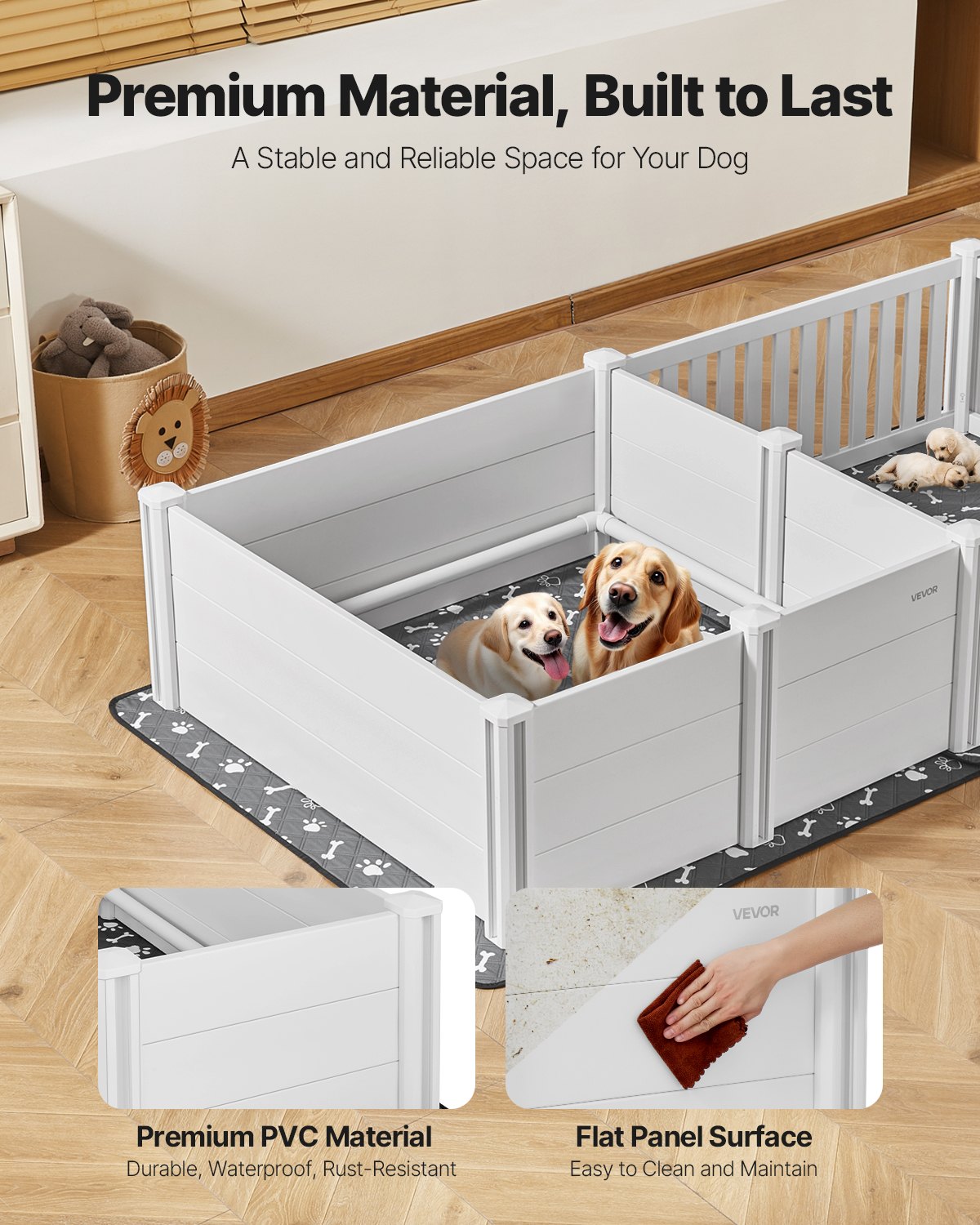 Dogs Whelping Box, 93.3x48.4x18.1 inch, Plastic PVC Puppies Playpen with Height Adjustable Door and Washable Pee Pad, 2-Room Layout Indoor Puppy Play Pen for Extra Large Breed Dogs, Milk White