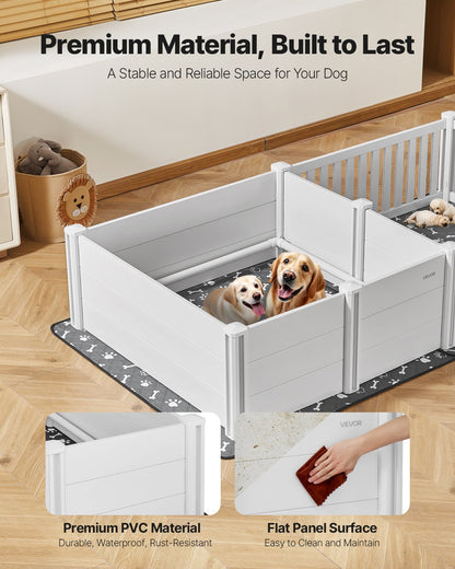 Dogs Whelping Box, 93.3x48.4x18.1 inch, Plastic PVC Puppies Playpen with Height Adjustable Door and Washable Pee Pad, 2-Room Layout Indoor Puppy Play Pen for Extra Large Breed Dogs, Milk White