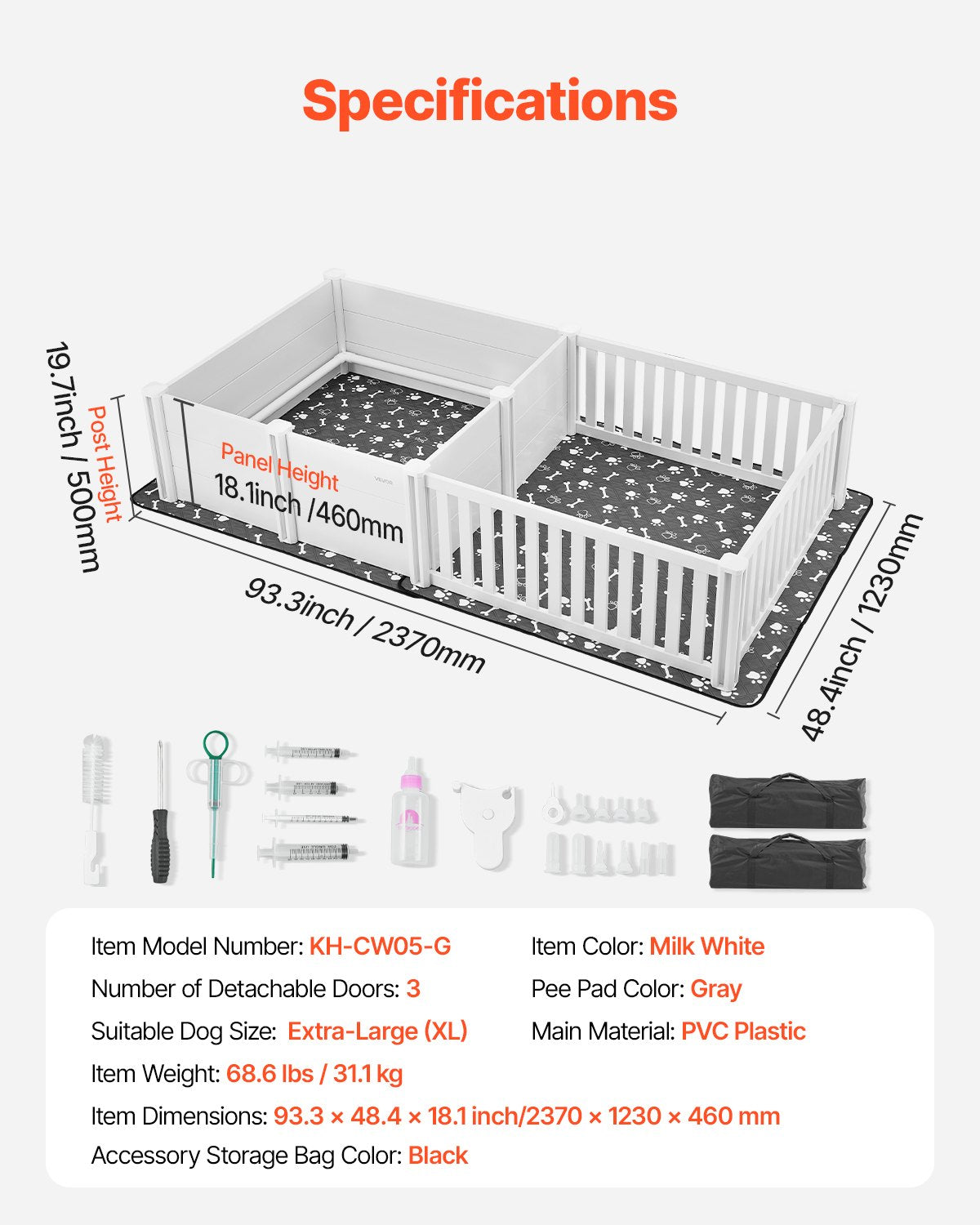 Dogs Whelping Box, 93.3x48.4x18.1 inch, Plastic PVC Puppies Playpen with Height Adjustable Door and Washable Pee Pad, 2-Room Layout Indoor Puppy Play Pen for Extra Large Breed Dogs, Milk White