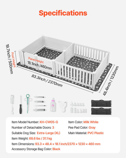 Dogs Whelping Box, 93.3x48.4x18.1 inch, Plastic PVC Puppies Playpen with Height Adjustable Door and Washable Pee Pad, 2-Room Layout Indoor Puppy Play Pen for Extra Large Breed Dogs, Milk White