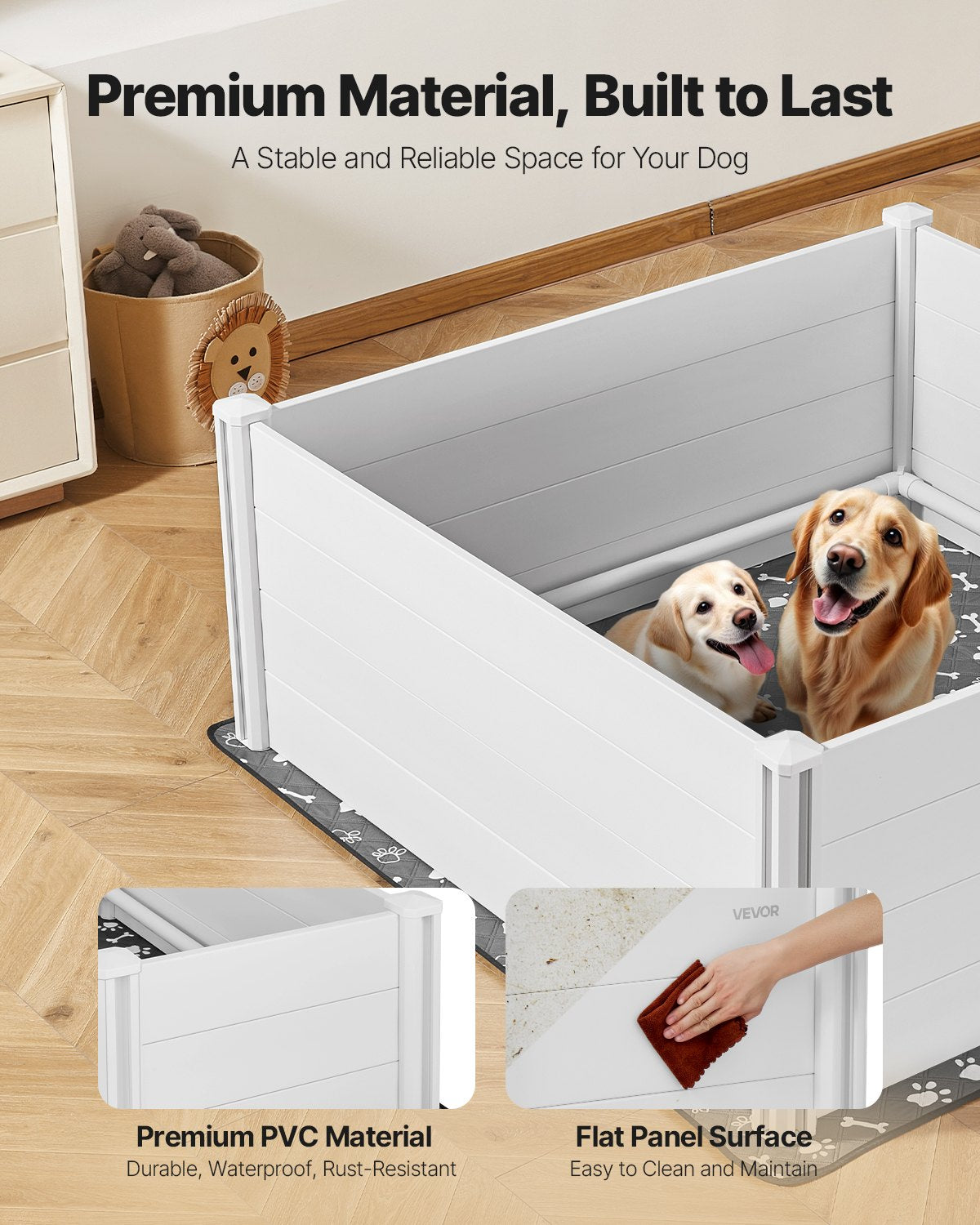 Dogs Whelping Box, 60 x 60 x 24 inch, Plastic PVC Puppies Playpen with Height Adjustable Door and Washable Pee Pad, Anti-Deformation Indoor Puppy Play Pen for Extra Large Breed Dogs, Milk White