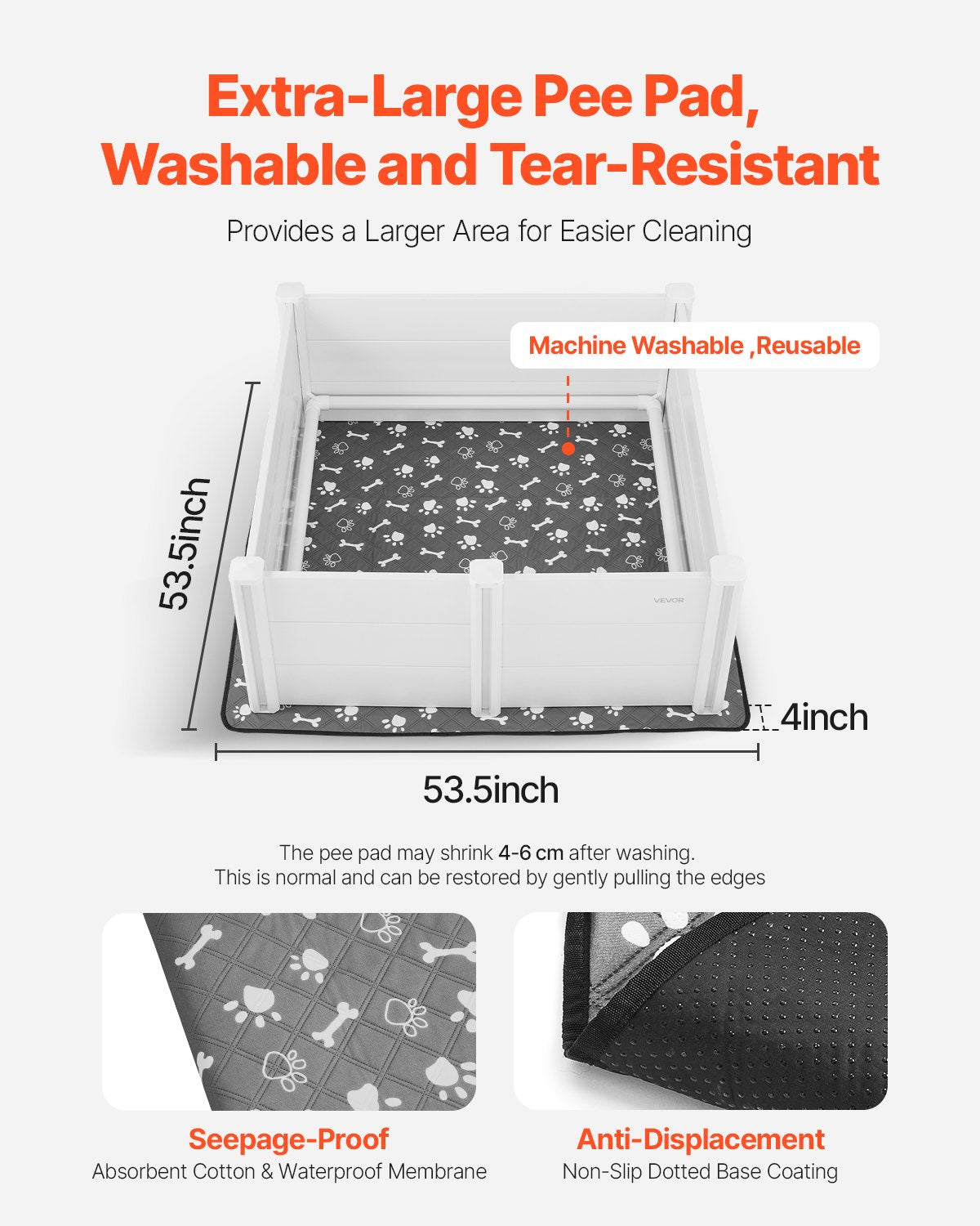 Valpningslåda för hundar, 112 x 112 x 48 cm, lekhage i plast/PVC för valpar med höjdjusterbar dörr och tvättbar kissdyna, deformationsresistent inomhuslek för valpar av stora raser, mjölkvit