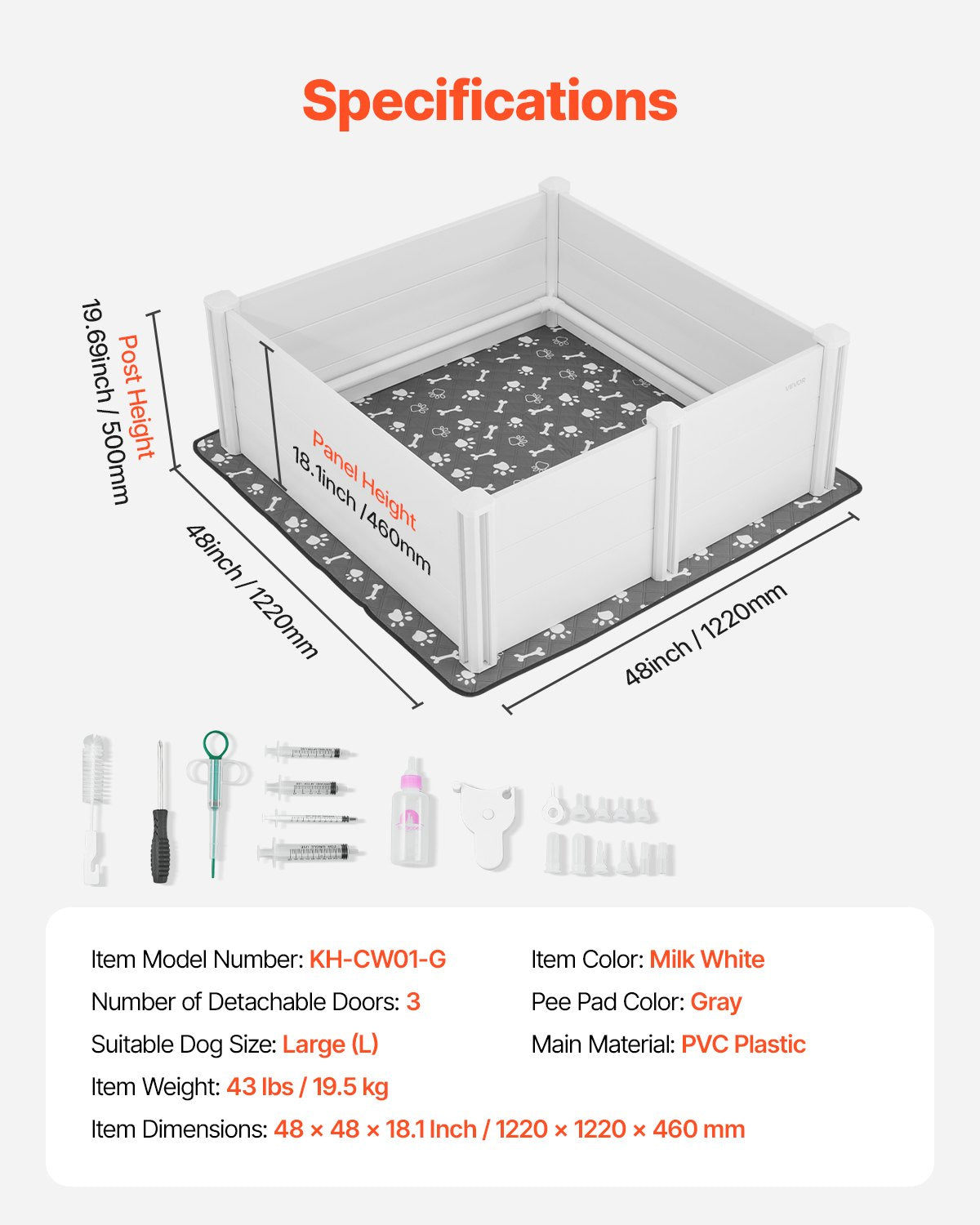 Valpningslåda för hundar, 112 x 112 x 48 cm, lekhage i plast/PVC för valpar med höjdjusterbar dörr och tvättbar kissdyna, deformationsresistent inomhuslek för valpar av stora raser, mjölkvit