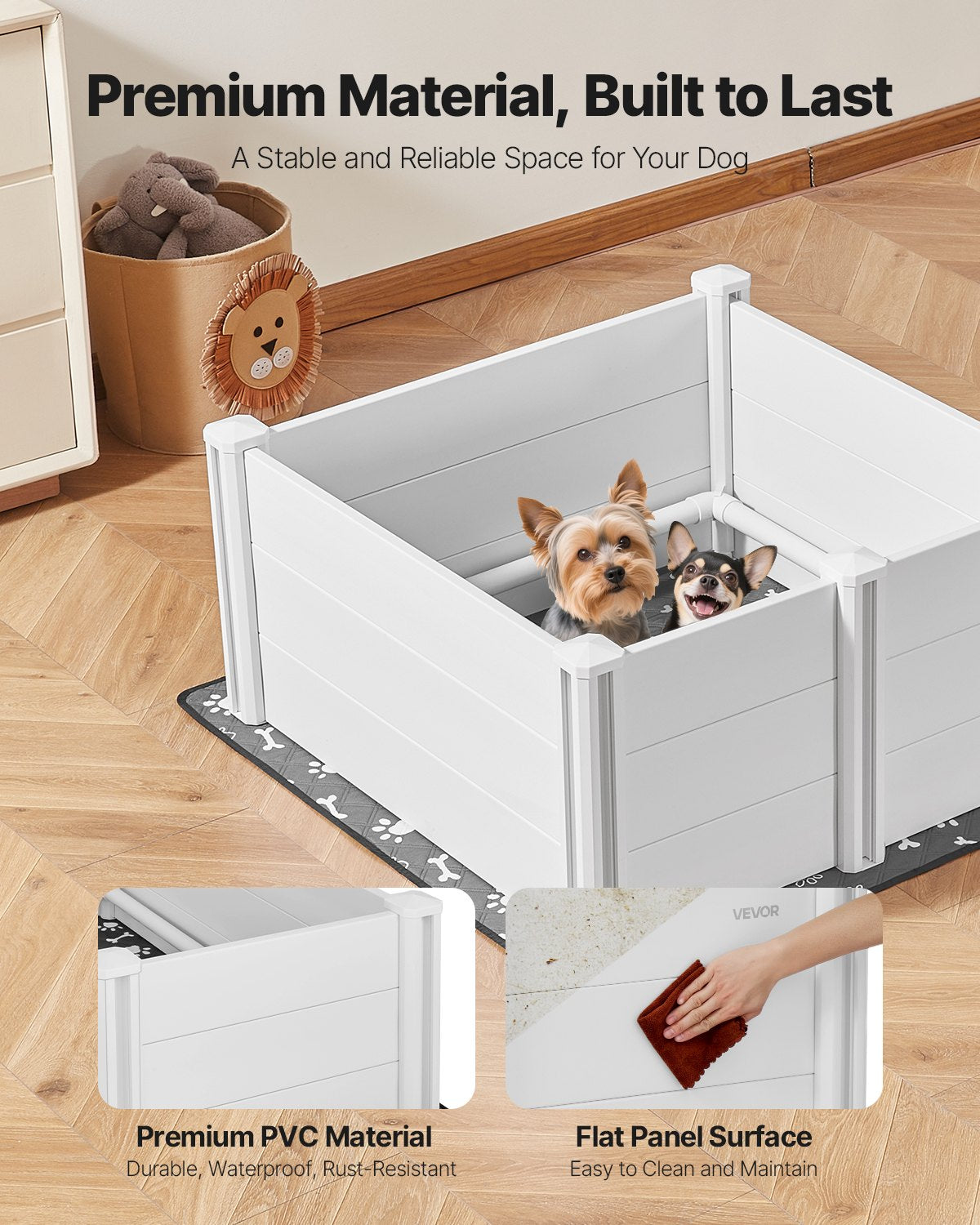 Dogs Whelping Box, 38.6 x 38.6 x 18.1 inch, Plastic PVC Puppies Playpen with Height Adjustable Door and Washable Pee Pad, Anti-Deformation Indoor Puppy Play Pen for Medium Breed Dogs, Milk White