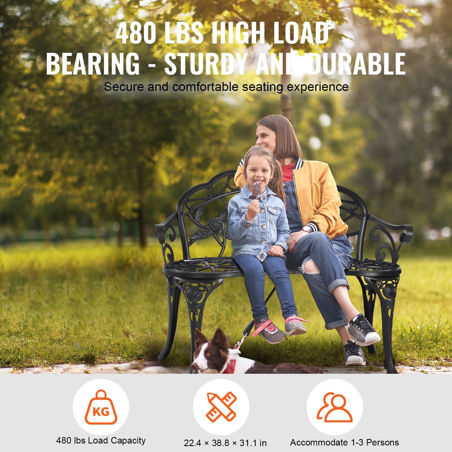 Outdoor Bench, 38.8 inches Metal Garden Bench for Outdoors, 480 lbs Load Capacity Bench, Outdoor Garden Park Bench with Backrest and Armrests, Patio Bench for Garden, Park, Yard, Front Porch