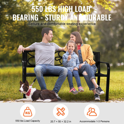Utomhusbänk, 50 tum metallträdgårdsbänk för utomhusbruk, 550 lbs lastkapacitet, utomhusträdgårdsbänk med ryggstöd och armstöd, uteplatsbänk för trädgård, park, gård, veranda