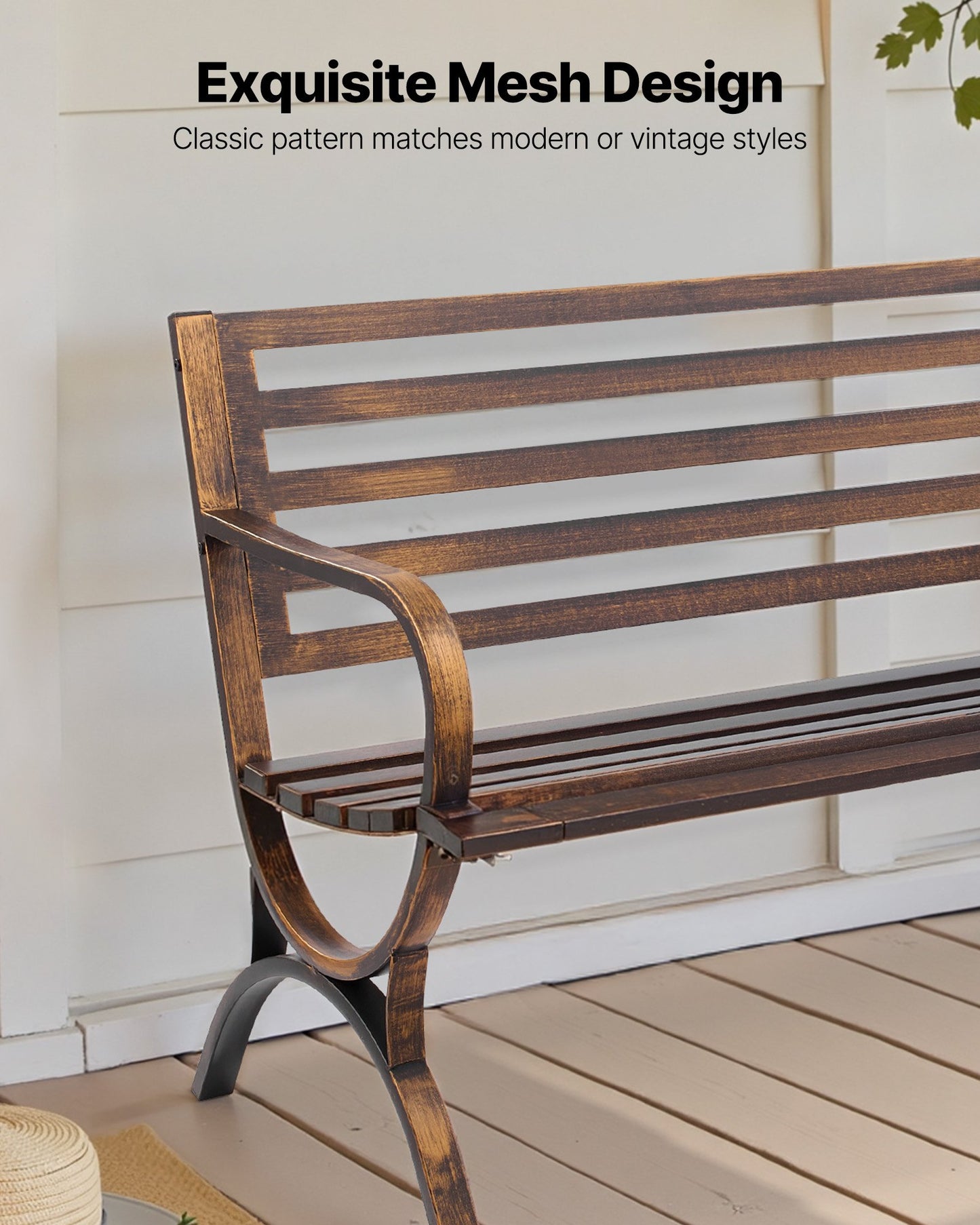 Utomhusbänk, 127 cm, metallram i kolstål med ryggstöd med ribbor och armstöd med rundade kanter, väderbeständig utomhusbänk för uteplats, trädgård, park, gård, veranda, antikbrons