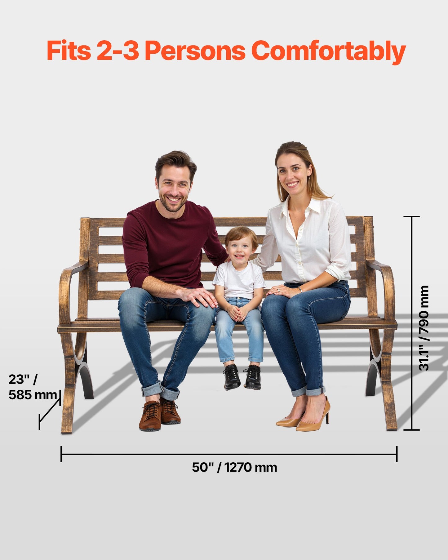 Utomhusbänk, 127 cm, metallram i kolstål med ryggstöd med ribbor och armstöd med rundade kanter, väderbeständig utomhusbänk för uteplats, trädgård, park, gård, veranda, antikbrons