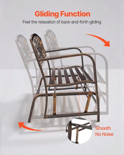 Utomhusbänk, 127 cm, metallram i kolstål med ryggstöd i gjutjärn och armstöd med rundade kanter, väderbeständig glidbänk för uteplats, trädgård, park, gård, veranda, antikbrons