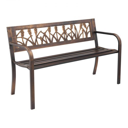 Outdoor Bench, 127 cm, Carbon Steel Metal Frame with PVC Floral Pattern Backrest and Round Edge Armrests, Weatherproof Outside Bench for Patio, Garden, Park, Yard, Front Porch, Antique Bronze