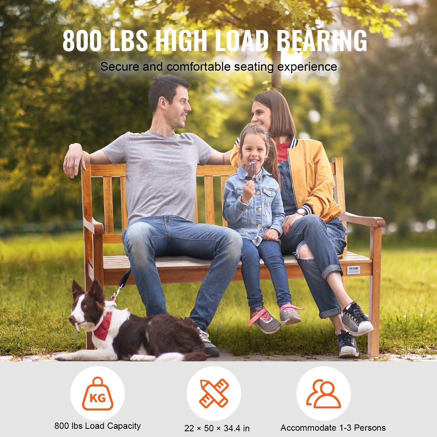 Outdoor Bench, 50 inches Wood Garden Bench for Outdoors, 800 lbs Load Capacity Bench, Outdoor Garden Park Bench with Backrest and Armrests, Patio Bench for Garden, Park, Yard, Front Porch