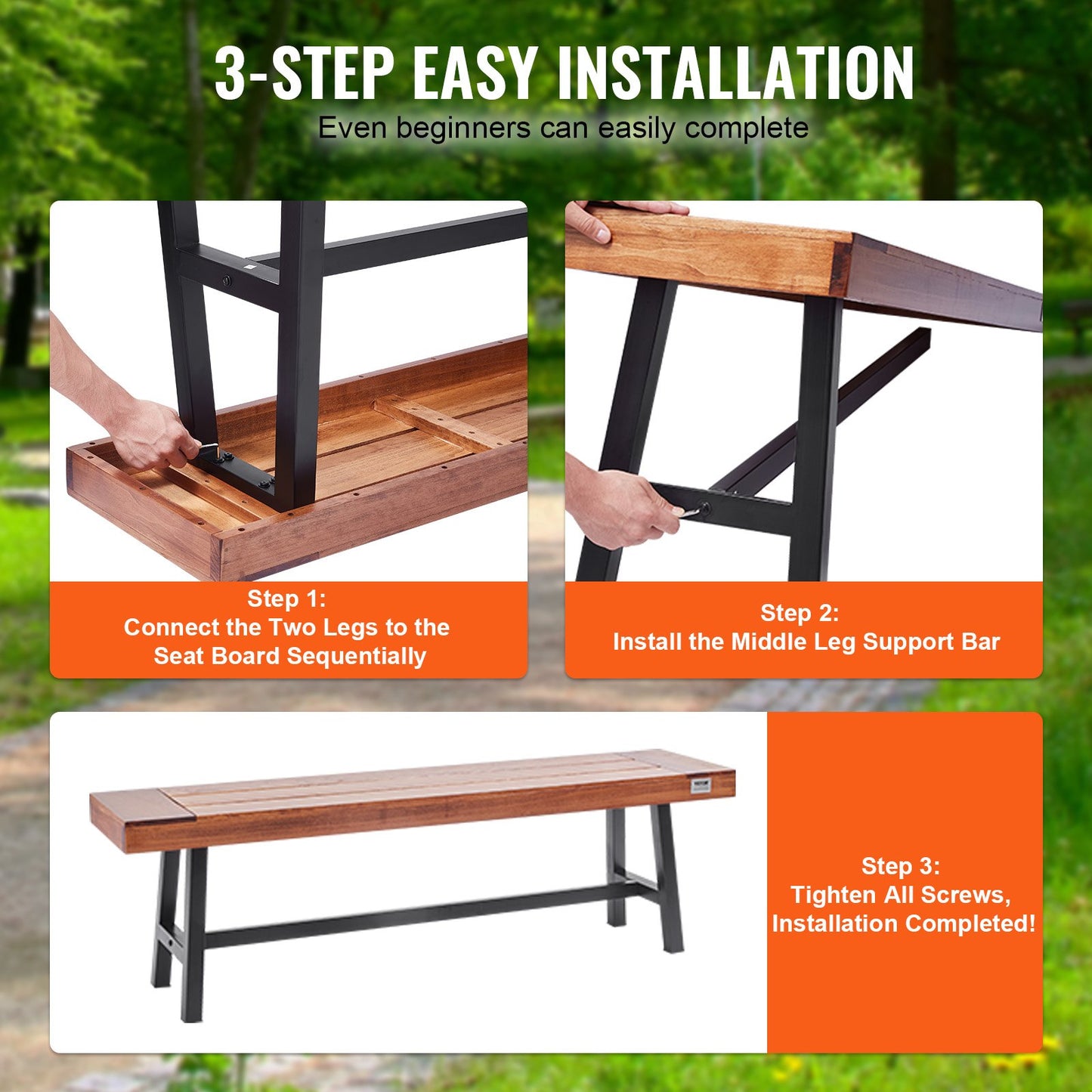 Outdoor Bench, 63 inches Wood Garden Bench with Metal Leg for Outdoors, 500 lbs Load Capacity Bench, Outdoor Garden Park Bench, Dining Bench Patio Bench for Garden, Park, Yard, Front Porch
