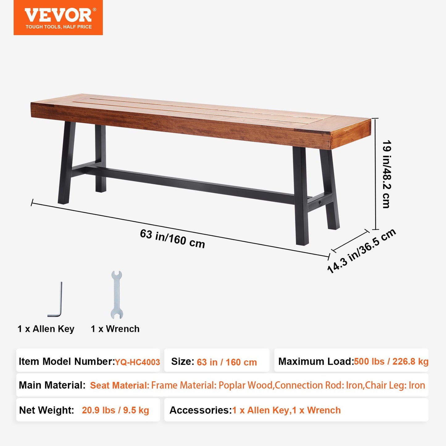 Outdoor Bench, 63 inches Wood Garden Bench with Metal Leg for Outdoors, 500 lbs Load Capacity Bench, Outdoor Garden Park Bench, Dining Bench Patio Bench for Garden, Park, Yard, Front Porch
