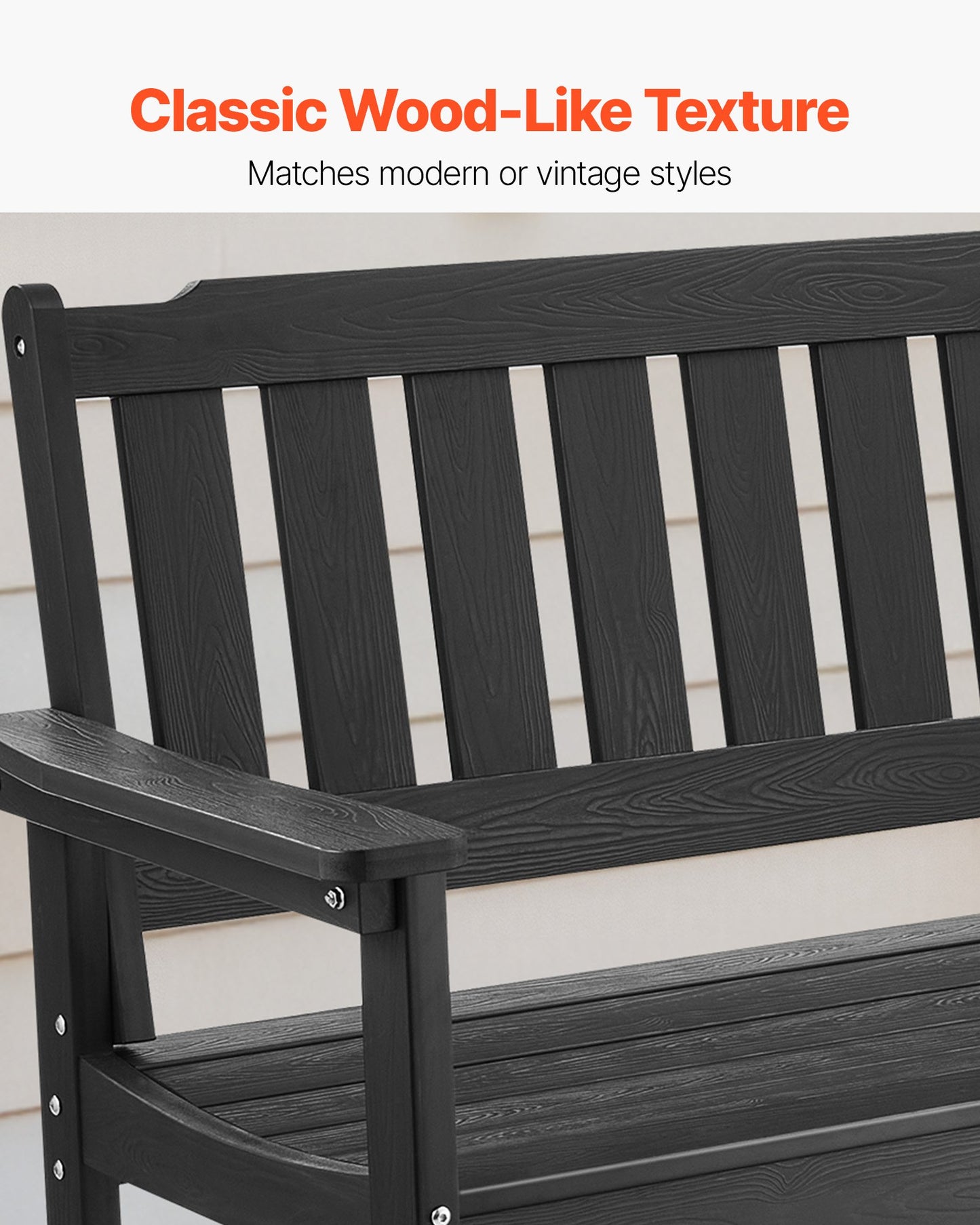 Utomhusbänk, 128 cm, 363 kg viktkapacitet för 2-3 personer, väderbeständig plastram med ryggstöd och breda armstöd, utomhusbänk för uteplats, trädgård, park, gård, veranda, svart