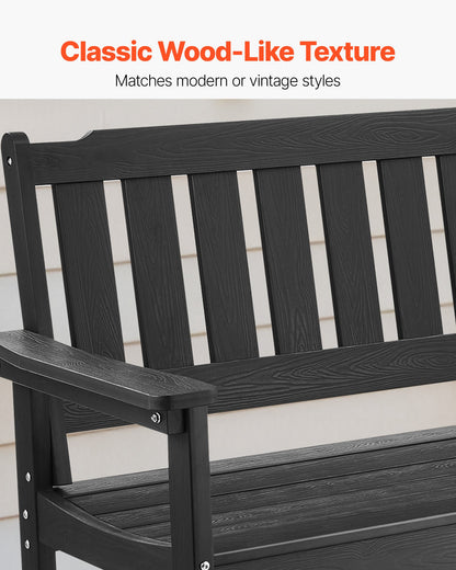 Utomhusbänk, 128 cm, 363 kg viktkapacitet för 2-3 personer, väderbeständig plastram med ryggstöd och breda armstöd, utomhusbänk för uteplats, trädgård, park, gård, veranda, svart