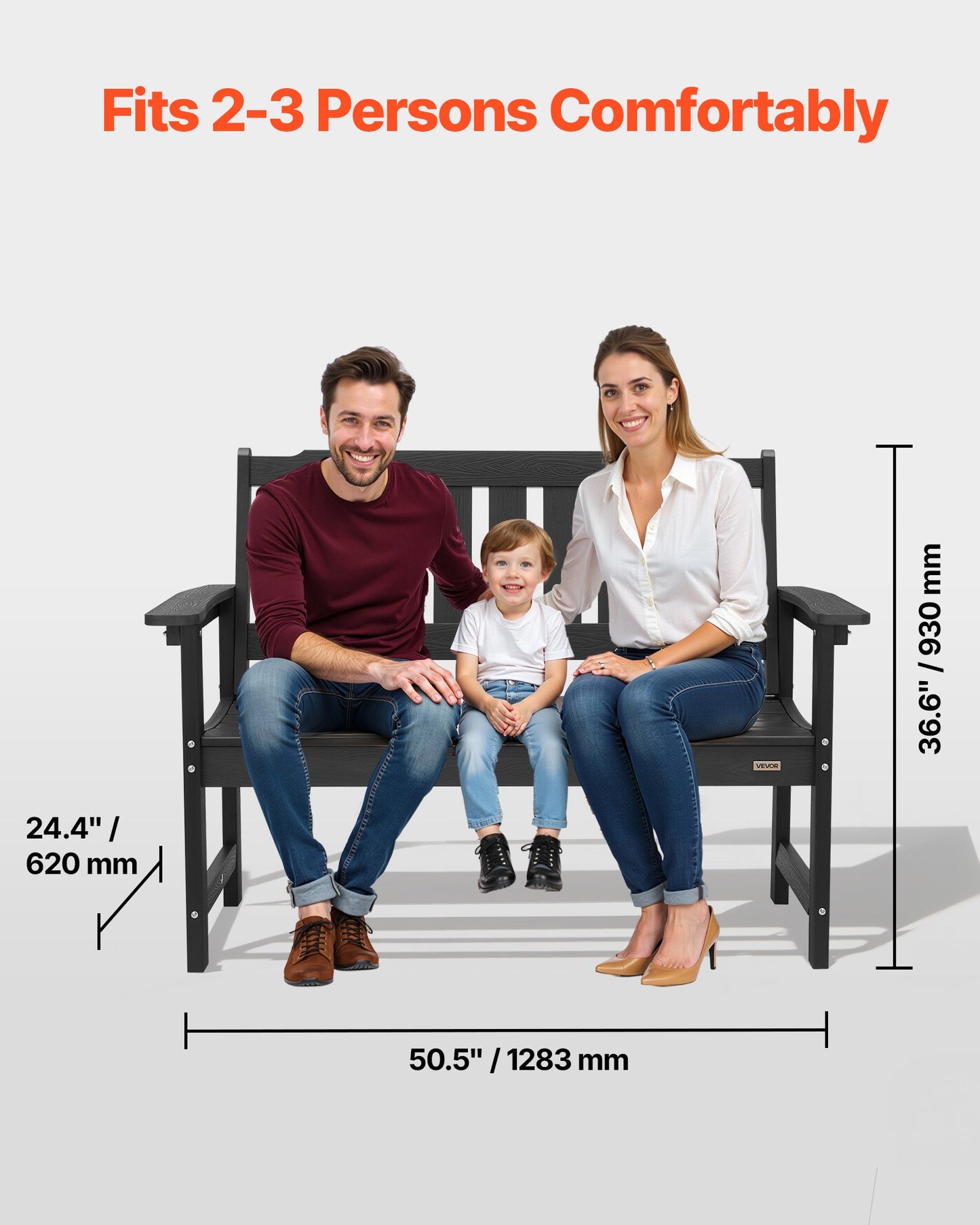Utomhusbänk, 128 cm, 363 kg viktkapacitet för 2-3 personer, väderbeständig plastram med ryggstöd och breda armstöd, utomhusbänk för uteplats, trädgård, park, gård, veranda, svart