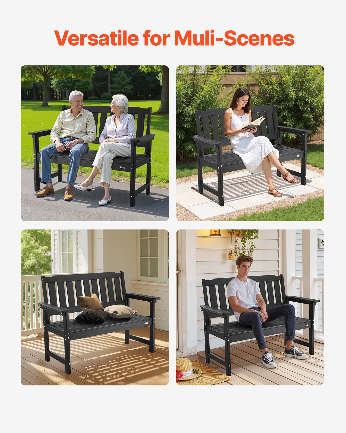 Utomhusbänk, 128 cm, 363 kg viktkapacitet för 2-3 personer, väderbeständig plastram med ryggstöd och breda armstöd, utomhusbänk för uteplats, trädgård, park, gård, veranda, svart