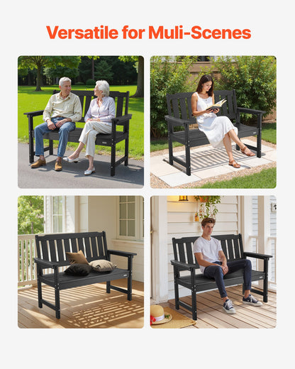 Utomhusbänk, 128 cm, 363 kg viktkapacitet för 2-3 personer, väderbeständig plastram med ryggstöd och breda armstöd, utomhusbänk för uteplats, trädgård, park, gård, veranda, svart