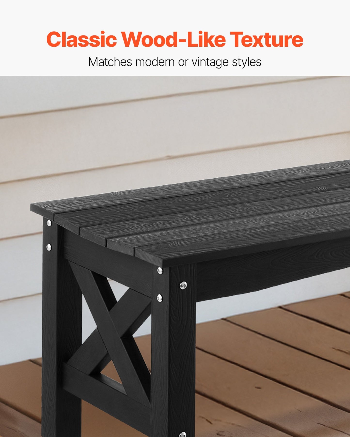 Outdoor Bench, 113 cm, 272 kg Weight Capacity, Weatherproof Plastic Frame with Adjustable Level Footpads and Thick Leg, Outside Bench for Patio, Garden, Park, Yard, Front Porch, Black