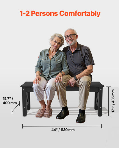 Outdoor Bench, 113 cm, 272 kg Weight Capacity, Weatherproof Plastic Frame with Adjustable Level Footpads and Thick Leg, Outside Bench for Patio, Garden, Park, Yard, Front Porch, Black