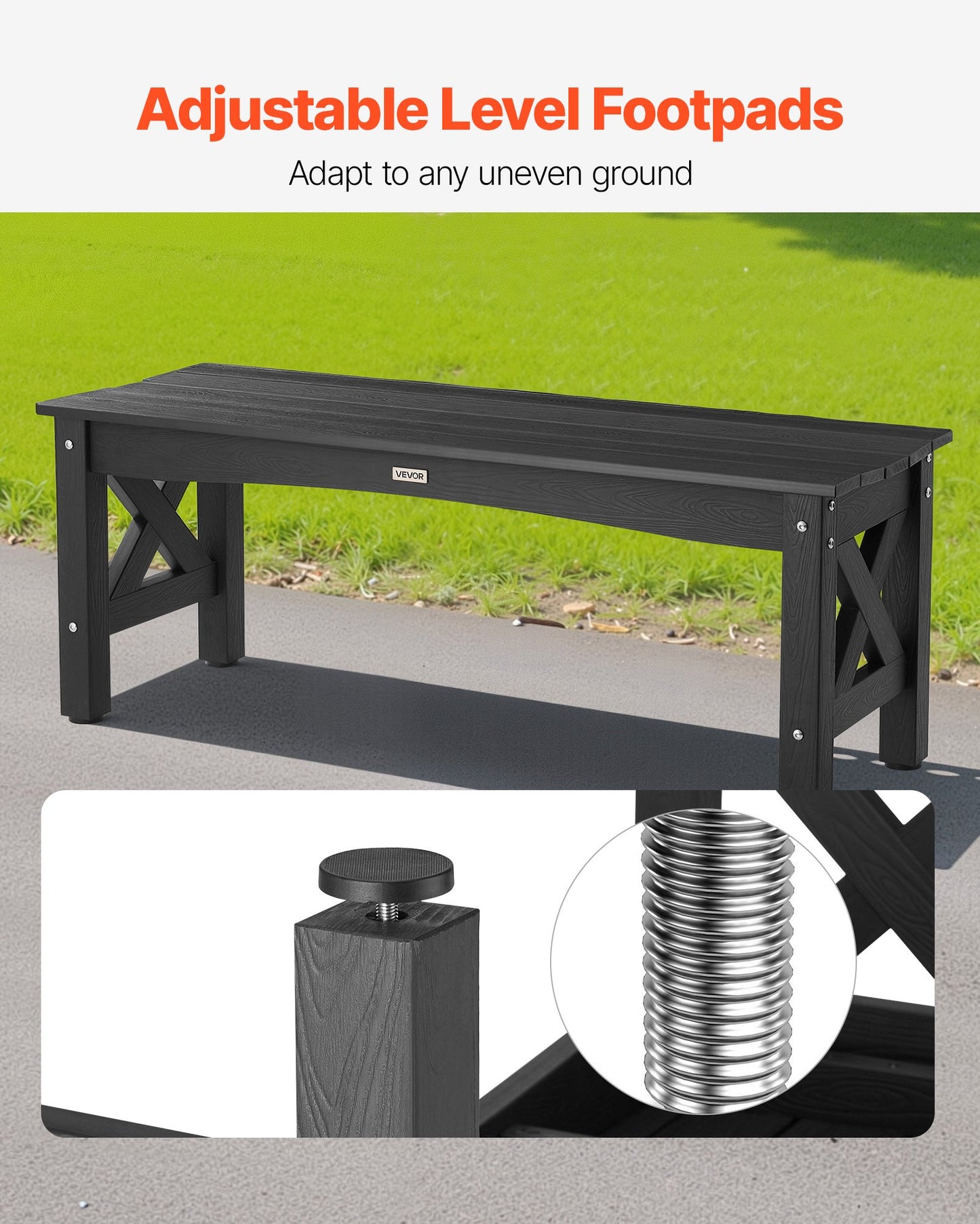 Outdoor Bench, 113 cm, 272 kg Weight Capacity, Weatherproof Plastic Frame with Adjustable Level Footpads and Thick Leg, Outside Bench for Patio, Garden, Park, Yard, Front Porch, Black