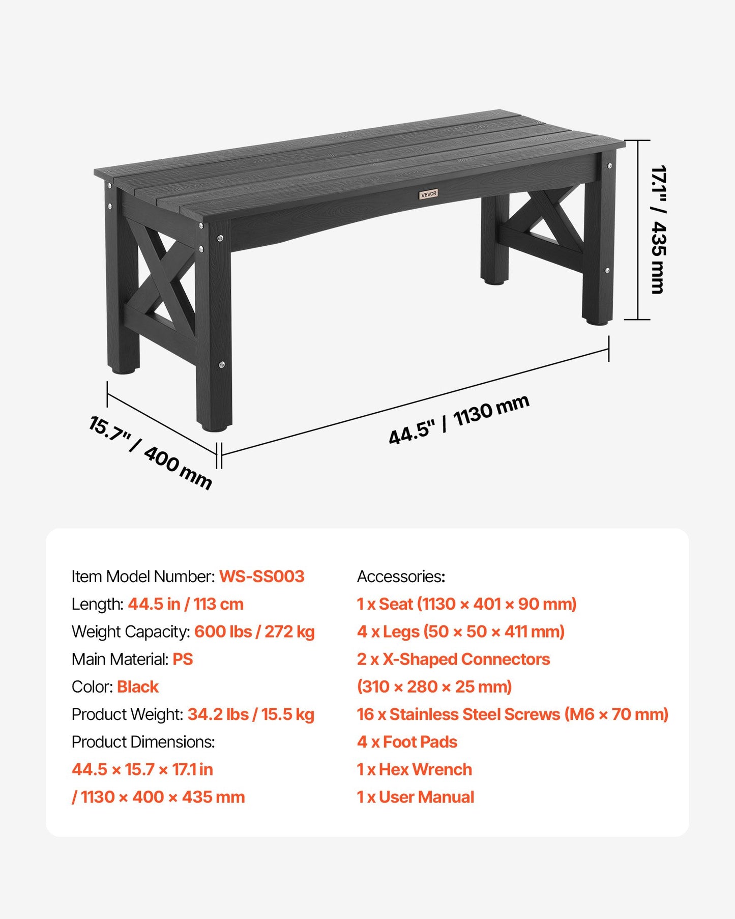 Outdoor Bench, 113 cm, 272 kg Weight Capacity, Weatherproof Plastic Frame with Adjustable Level Footpads and Thick Leg, Outside Bench for Patio, Garden, Park, Yard, Front Porch, Black