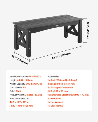 Outdoor Bench, 113 cm, 272 kg Weight Capacity, Weatherproof Plastic Frame with Adjustable Level Footpads and Thick Leg, Outside Bench for Patio, Garden, Park, Yard, Front Porch, Black