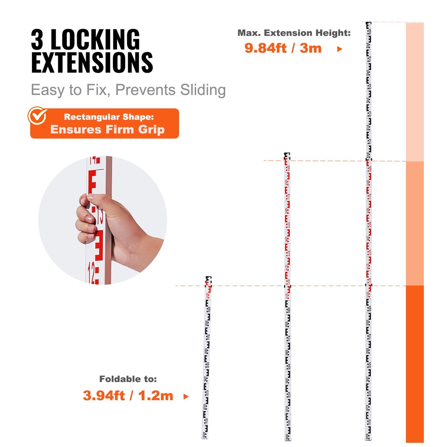 Aluminum Grade Rod, 3M Metric Telescopic Measuring Rod, Double-Sided Scale in CM/MM Leveling Rod Stick,Aluminum Alloy Survey Rod with Bubble Level &Carrying Bag for Measuring Houses,Walls,Floor