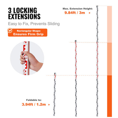 Aluminum Grade Rod, 3M Metric Telescopic Measuring Rod, Double-Sided Scale in CM/MM Leveling Rod Stick,Aluminum Alloy Survey Rod with Bubble Level &Carrying Bag for Measuring Houses,Walls,Floor