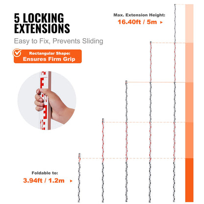 Aluminum Grade Rod, 5M Metric Telescopic Measuring Rod, Double-Sided Scale in CM/MM Leveling Rod Stick,Aluminum Alloy Survey Rod with Bubble Level &Carrying Bag for Measuring Houses,Walls,Floors