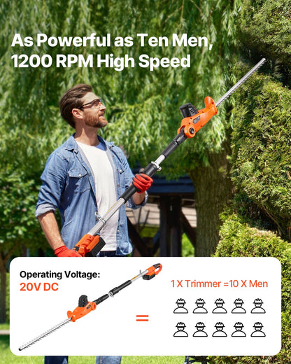 Electric Hedge Trimmer, 1200 RPM, 6.2 - 7.8 Ft Extendable, Pole Hedge Trimmer for High Branch, 20V Battery, Cordless Hedge Trimmer with 20 in Blade, 5 Angles Adjustable for Yard Garden
