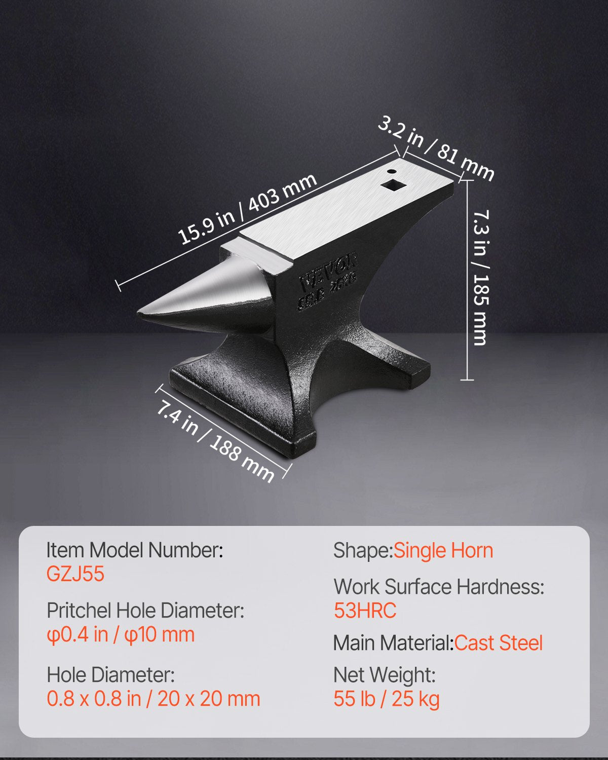 Single Horn Anvil, 55lbs Cast Steel Anvil, High Hardness Rugged Round Horn Anvil for Blacksmiths, with Large Countertop and Stable Base, Metal Working Tool for Metal Bending, Shaping, Twisting