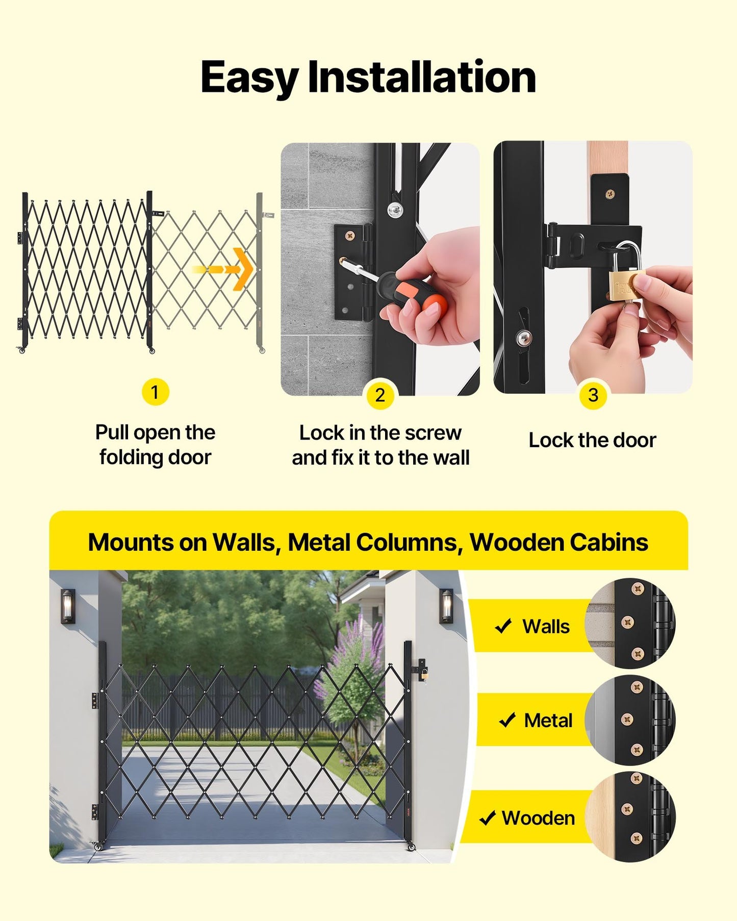 Single Folding Security Gate, Lockable Scissor Gate with 360° Swivel Casters, Outdoor Barricade Steel Retractable Gates, for Entry Security, Garage, Warehouse & Pool, 190 × 131 cm (W × H)