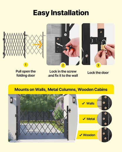 Single Folding Security Gate, Lockable Scissor Gate with 360° Swivel Casters, Outdoor Barricade Steel Retractable Gates, for Entry Security, Garage, Warehouse & Pool, 190 × 131 cm (W × H)