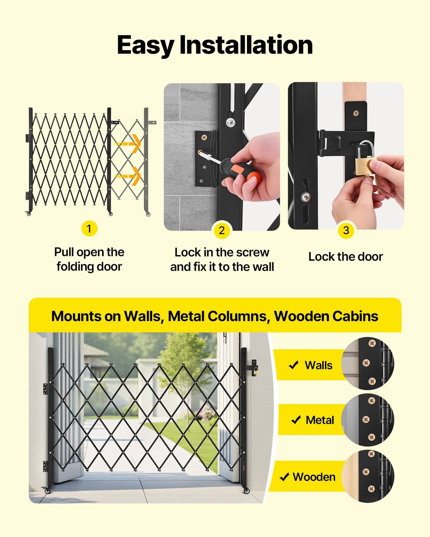 Single Folding Security Gate, Lockable Scissor Gate with 360° Swivel Casters, Outdoor Barricade Steel Retractable Gates, for Entry Security, Garage, Warehouse & Pool, 170 × 131 cm (W × H)