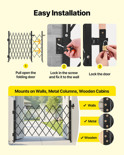 Single Folding Security Gate, Lockable Scissor Gate with 360° Swivel Casters, Outdoor Barricade Steel Retractable Gates, for Entry Security, Garage, Warehouse & Pool, 170 × 131 cm (W × H)