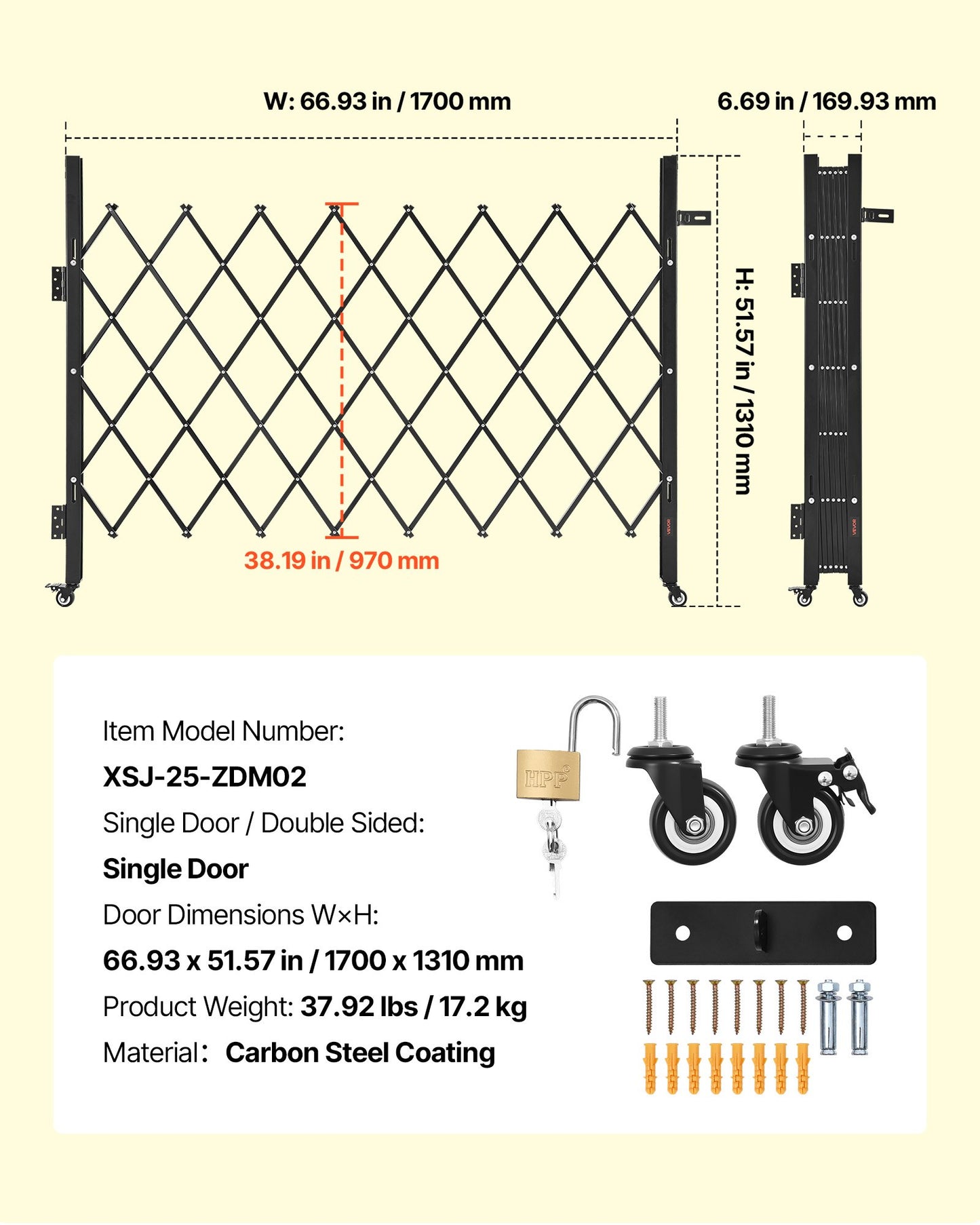 Single Folding Security Gate, Lockable Scissor Gate with 360° Swivel Casters, Outdoor Barricade Steel Retractable Gates, for Entry Security, Garage, Warehouse & Pool, 170 × 131 cm (W × H)