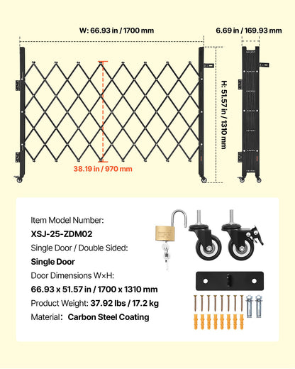 Single Folding Security Gate, Lockable Scissor Gate with 360° Swivel Casters, Outdoor Barricade Steel Retractable Gates, for Entry Security, Garage, Warehouse & Pool, 170 × 131 cm (W × H)