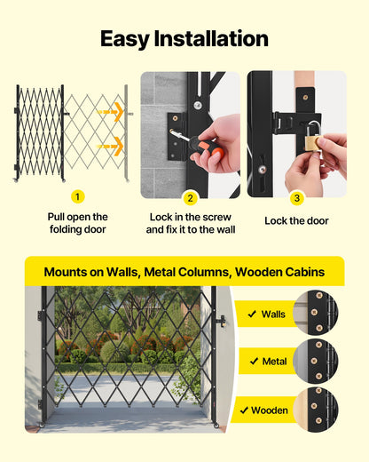 Single Folding Security Gate, Lockable Scissor Gate with 360° Swivel Casters, Outdoor Barricade Steel Retractable Gates, for Entry Security, Garage, Warehouse & Pool, 180 × 161 cm (W × H)