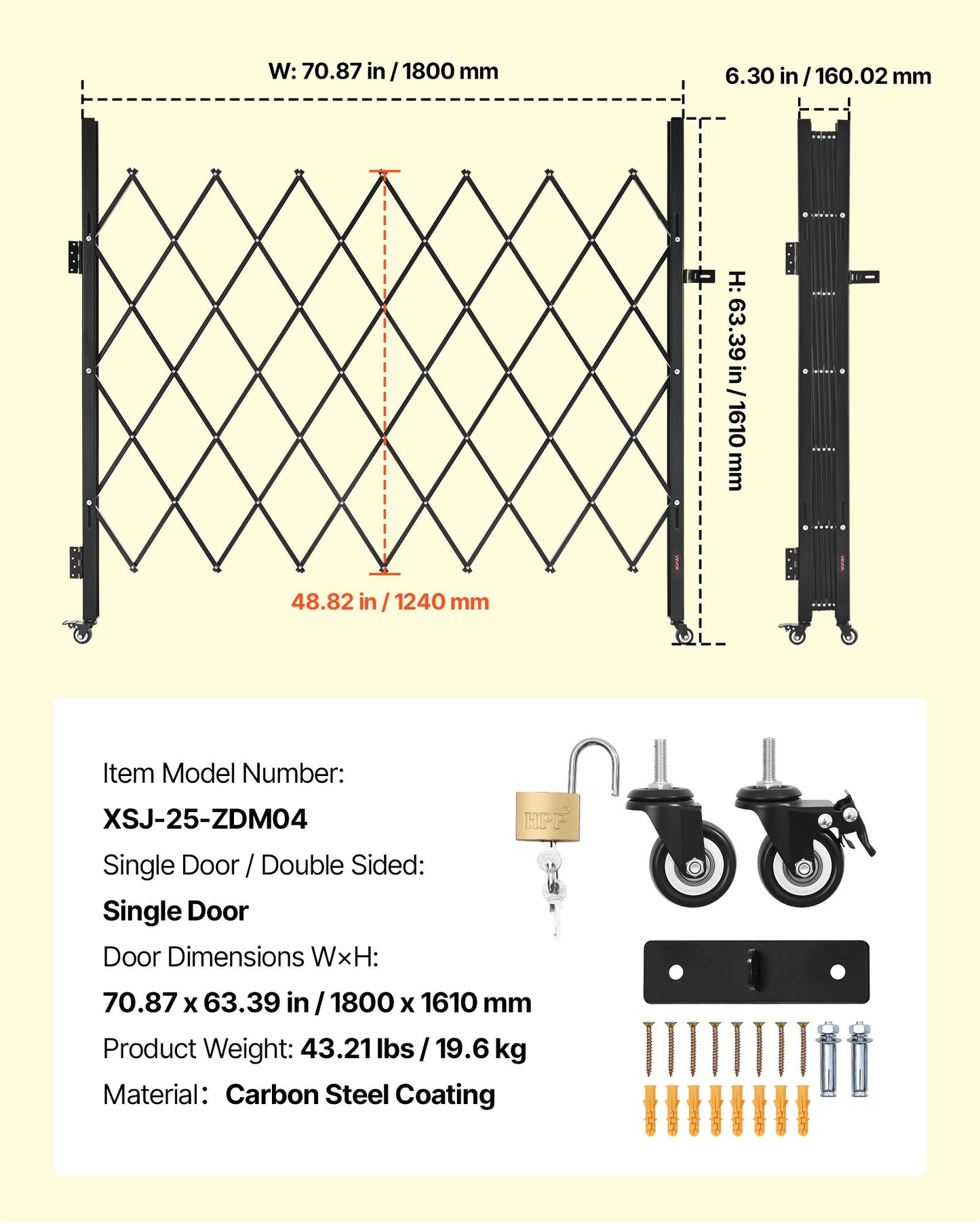 Single Folding Security Gate, Lockable Scissor Gate with 360° Swivel Casters, Outdoor Barricade Steel Retractable Gates, for Entry Security, Garage, Warehouse & Pool, 180 × 161 cm (W × H)