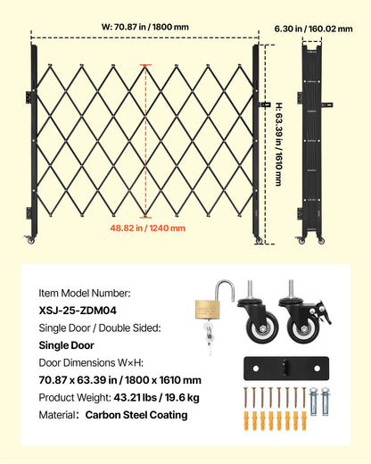 Single Folding Security Gate, Lockable Scissor Gate with 360° Swivel Casters, Outdoor Barricade Steel Retractable Gates, for Entry Security, Garage, Warehouse & Pool, 180 × 161 cm (W × H)