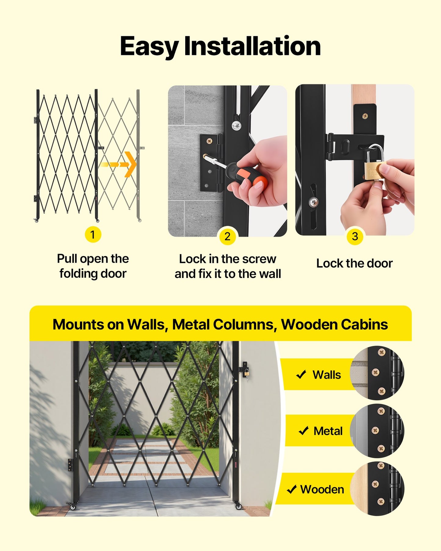 Single Folding Security Gate, Lockable Scissor Gate with 360° Swivel Casters, Outdoor Barricade Steel Retractable Gates, for Entry Security, Garage, Warehouse & Pool, 126 × 197.5 cm (W × H)