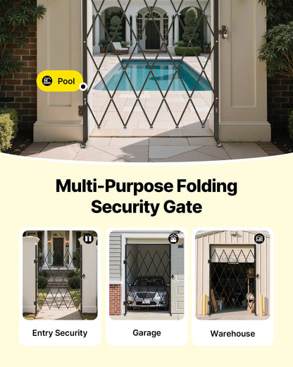 Single Folding Security Gate, Lockable Scissor Gate with 360° Swivel Casters, Outdoor Barricade Steel Retractable Gates, for Entry Security, Garage, Warehouse & Pool, 126 × 197.5 cm (W × H)