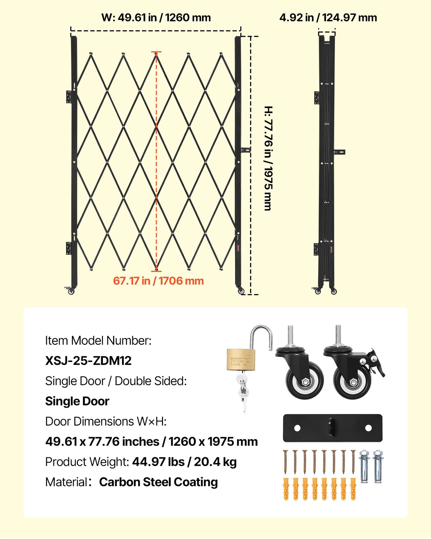 Enkel vikbar säkerhetsgrind, låsbar saxgrind med 360° svängbara hjul, utomhusbarriärgrindar i stål, för entrésäkerhet, garage, lager och pool, 126 × 197,5 cm (B × H)