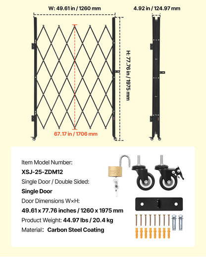 Enkel vikbar säkerhetsgrind, låsbar saxgrind med 360° svängbara hjul, utomhusbarriärgrindar i stål, för entrésäkerhet, garage, lager och pool, 126 × 197,5 cm (B × H)