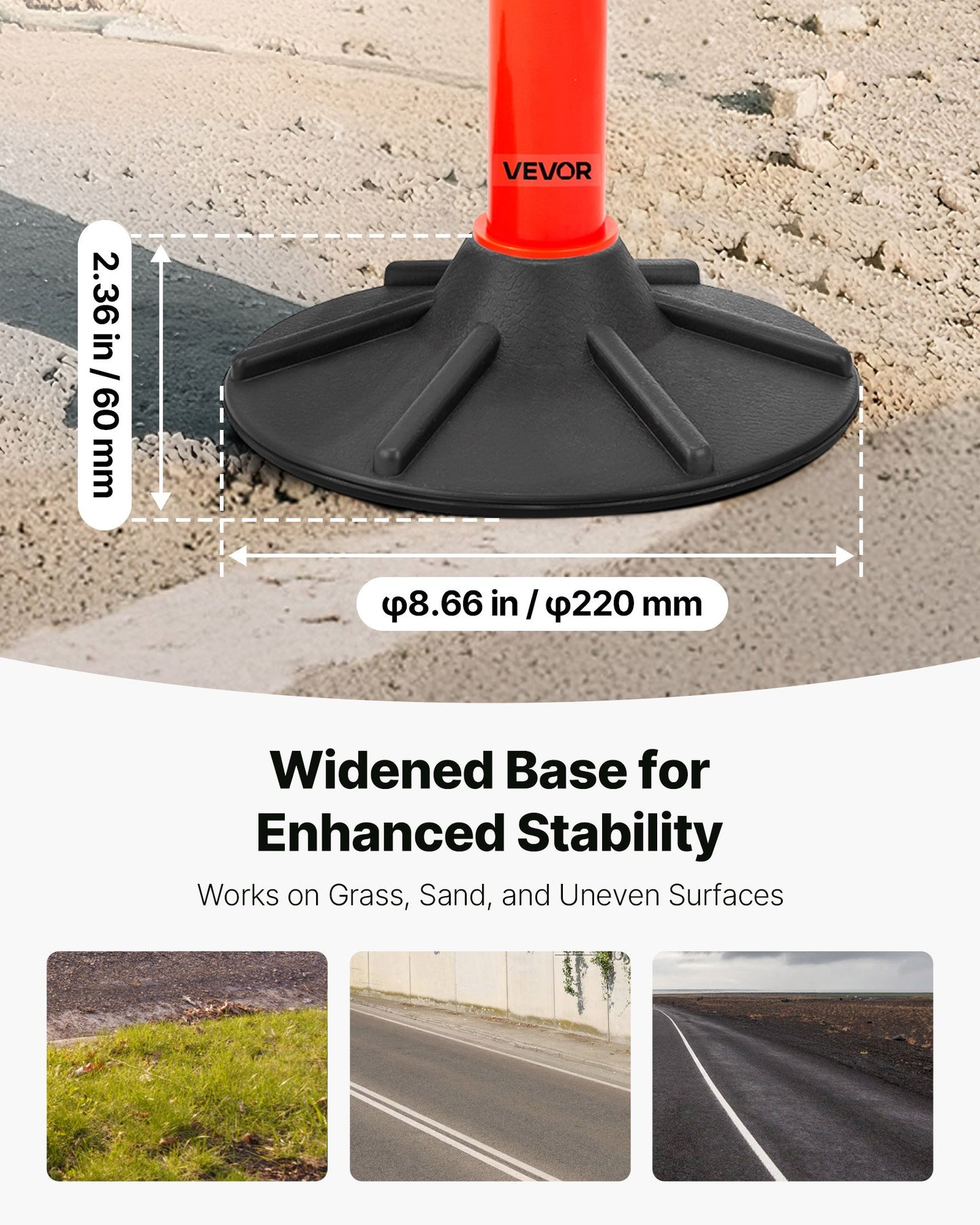 2 Pack Traffic Delineator Posts, 871 mm Traffic Safety Cones with Weighted Base, Reflective Strips and Chain, Heavy Duty Delineator Posts for Construction Site, Parking Lot, Crowd Control, Red